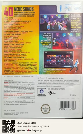 Just Dance 2017 Nintendo Wii, Germany box back