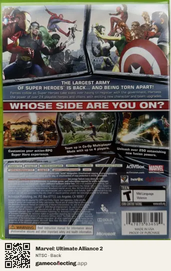 Marvel: Ultimate Alliance 2 Xbox 360, NTSC box back