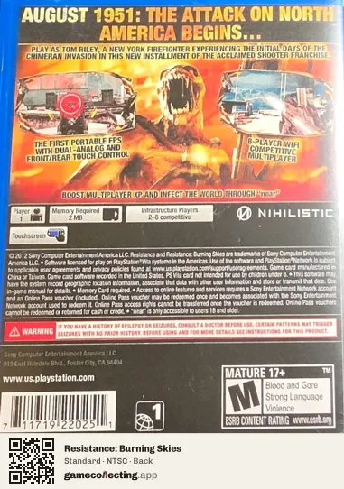 Resistance: Burning Skies PlayStation Vita, NTSC box back