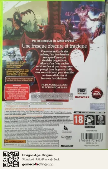 Dragon Age: Origins Xbox 360, France box back