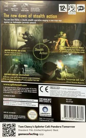 Tom Clancy's Splinter Cell: Pandora Tomorrow Nintendo GameCube, United Kingdom box back