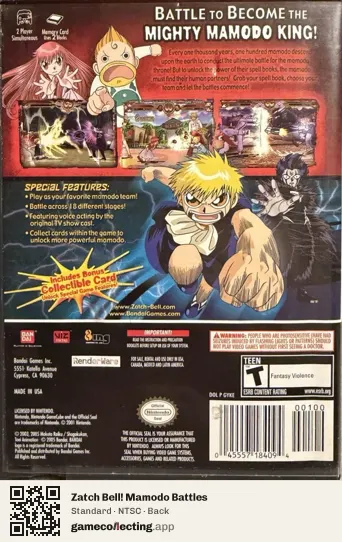 Zatch Bell! Mamodo Battles Nintendo GameCube, NTSC box back