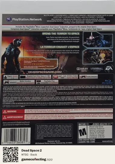 Dead Space 2 PlayStation 3, NTSC box back