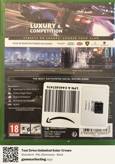 Test Drive Unlimited Solar Crown Xbox Series X, Germany box back