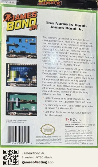 James Bond Jr. Nintendo Entertainment System, NTSC box back