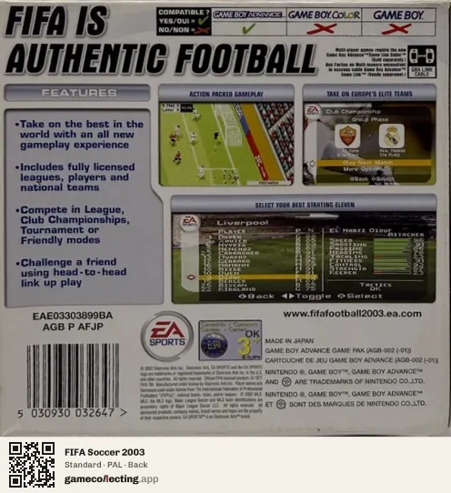 FIFA Soccer 2003 Game Boy Advance, PAL box back