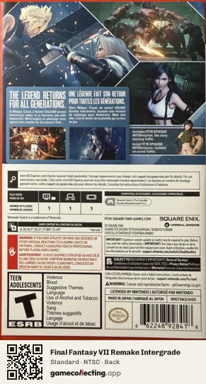 Final Fantasy VII Remake Intergrade Nintendo Switch 2, NTSC box back