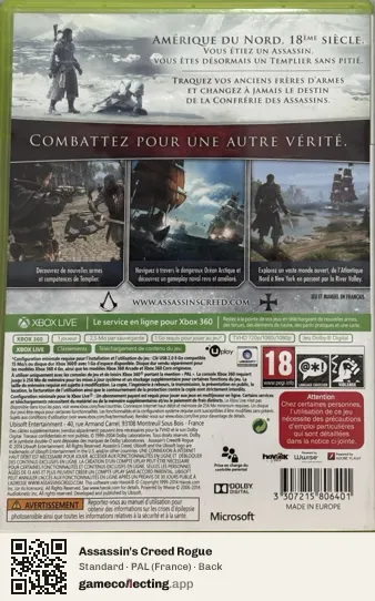 Assassin's Creed Rogue Xbox 360, France box back