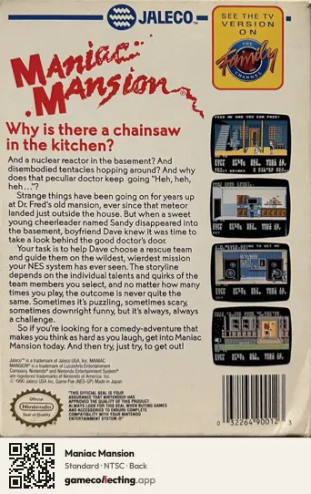 Maniac Mansion Nintendo Entertainment System, NTSC box back