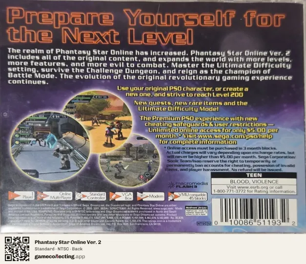 Phantasy Star Online Ver. 2 Sega Dreamcast, NTSC box back