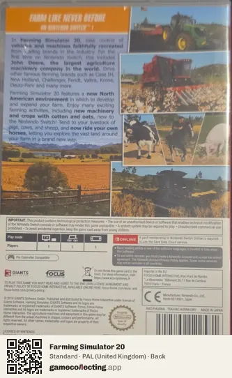 Farming Simulator 20 Nintendo Switch, United Kingdom box back