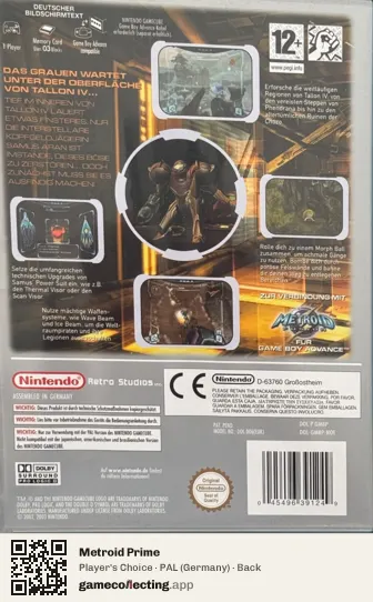 Metroid Prime Nintendo GameCube, Germany box back