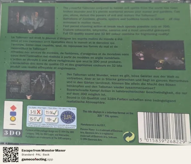 Escape from Monster Manor 3DO Interactive Multiplayer, PAL box back