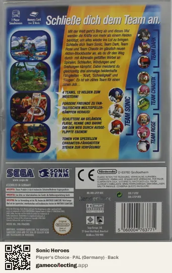 Sonic Heroes Nintendo GameCube, Germany box back