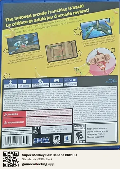 Super Monkey Ball: Banana Blitz HD PlayStation 4, NTSC box back
