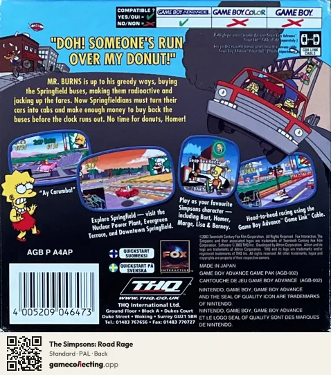 The Simpsons: Road Rage Game Boy Advance, PAL box back