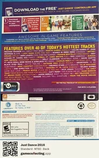 Just Dance 2016 Nintendo Wii U, NTSC box back