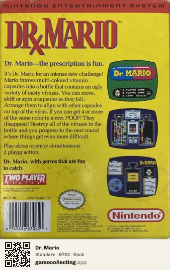 Dr. Mario Nintendo Entertainment System, NTSC box back
