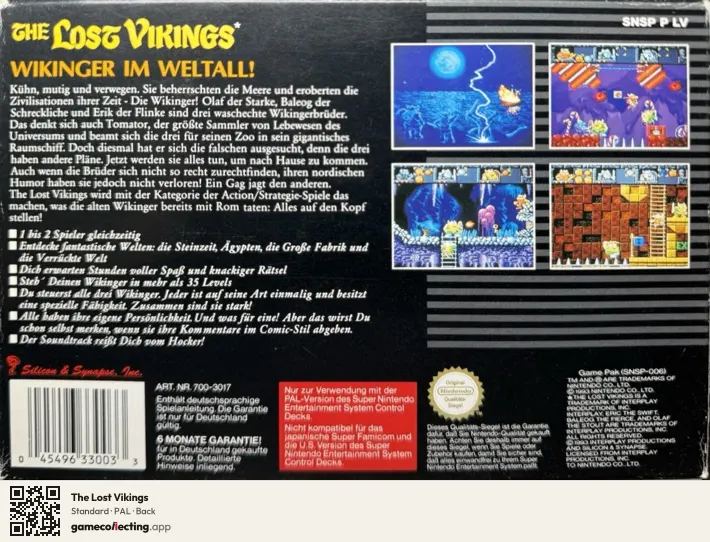 The Lost Vikings Super Nintendo Entertainment System, PAL box back