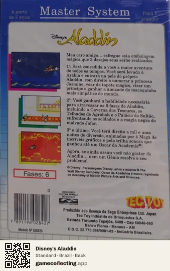 Disney's Aladdin Sega Master System, Brazil box back