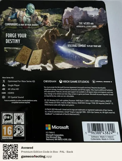 Avowed Xbox Series X, PAL box back