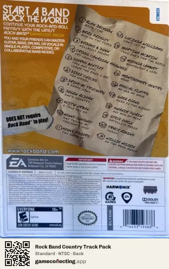 Rock Band Country Track Pack Nintendo Wii, NTSC box back