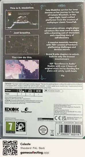 Celeste Nintendo Switch, PAL box back