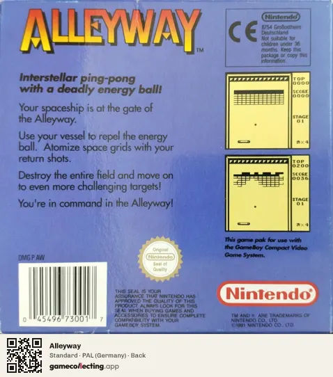 Alleyway Game Boy, Germany box back