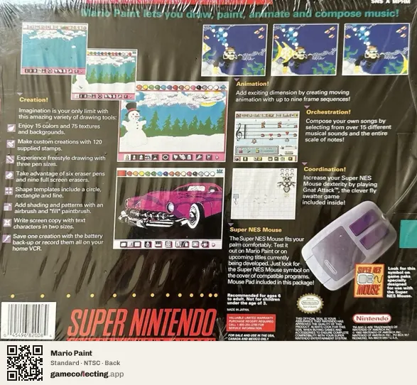 Mario Paint Super Nintendo Entertainment System, NTSC box back