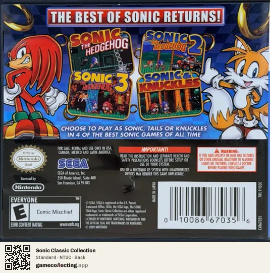 Sonic Classic Collection Nintendo DS, NTSC box back