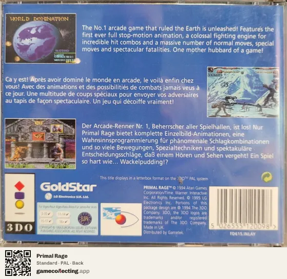 Primal Rage 3DO Interactive Multiplayer, PAL box back