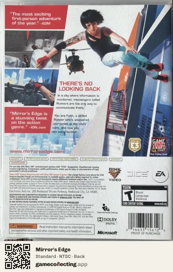Mirror's Edge Xbox 360, NTSC box back