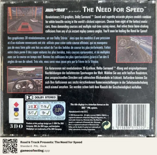 Road & Track Presents: The Need for Speed 3DO Interactive Multiplayer, PAL box back