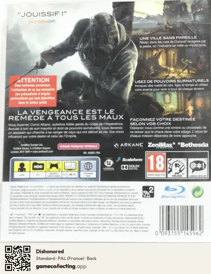 Dishonored PlayStation 3, France box back