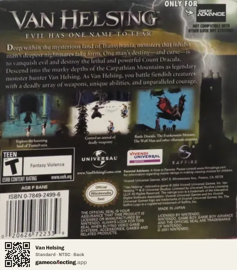 Van Helsing Game Boy Advance, NTSC box back