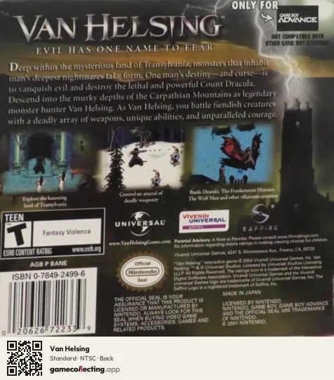Van Helsing Game Boy Advance, NTSC box back
