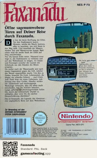 Faxanadu Nintendo Entertainment System, PAL box back