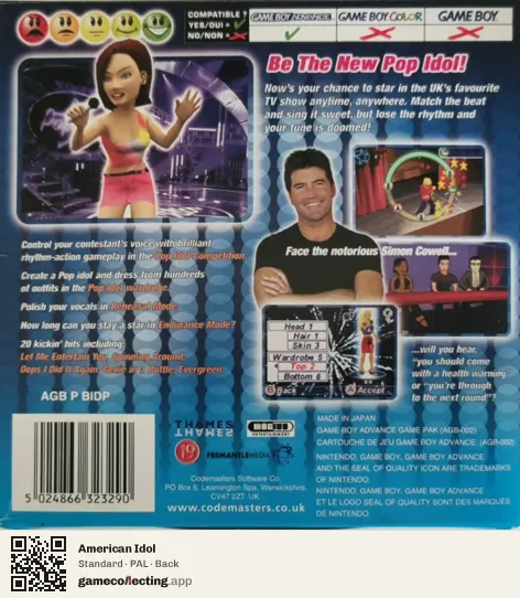 American Idol Game Boy Advance, PAL box back