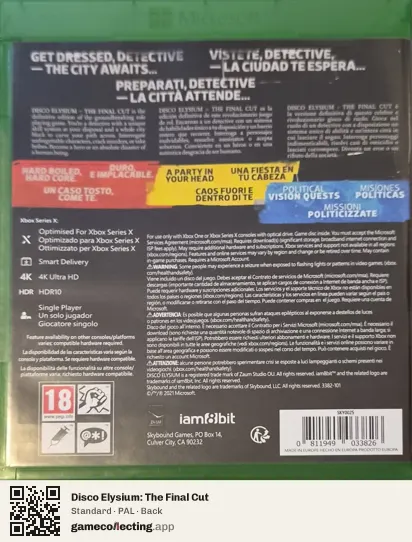 Disco Elysium: The Final Cut Xbox Series X, PAL box back