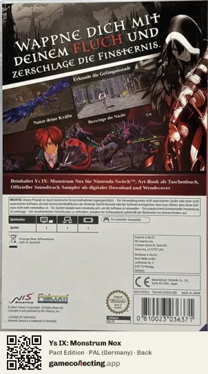 Ys IX: Monstrum Nox Nintendo Switch, Germany box back