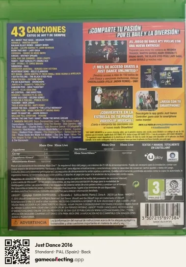 Just Dance 2016 Xbox One, Spain box back