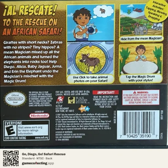 Go, Diego, Go! Safari Rescue Nintendo DS, NTSC box back