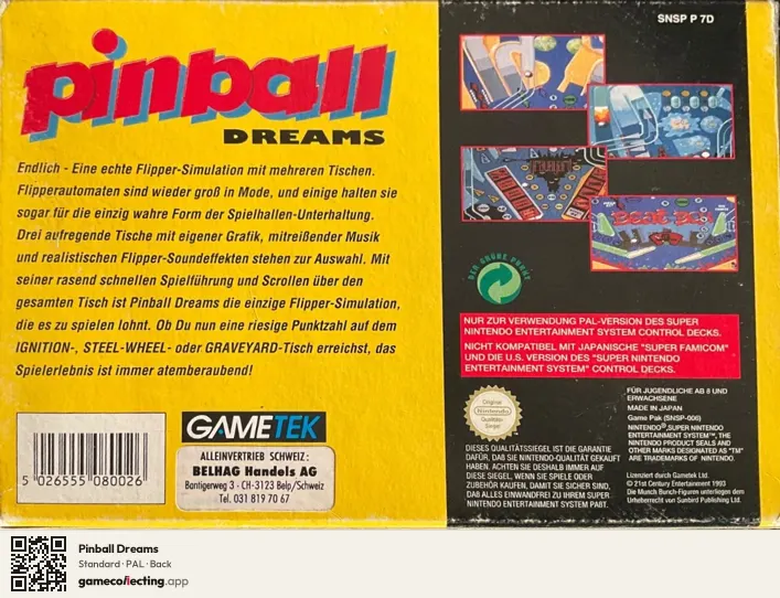 Pinball Dreams Super Nintendo Entertainment System, PAL box back