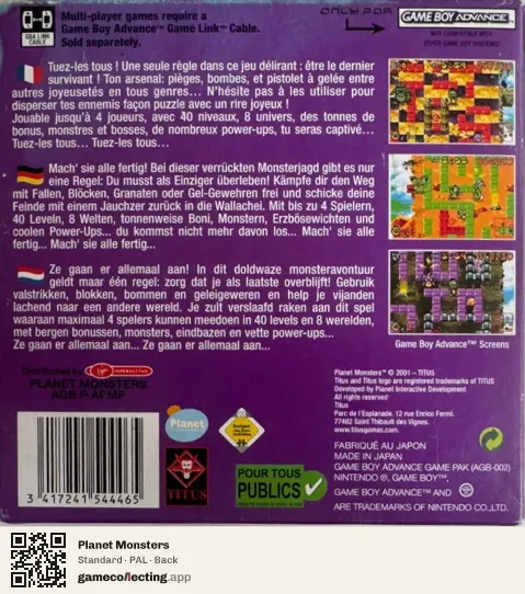 Planet Monsters Game Boy Advance, PAL box back