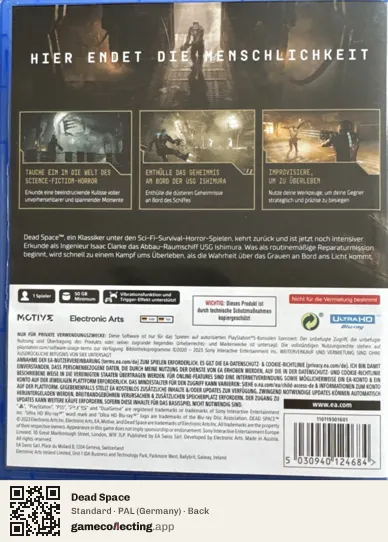 Dead Space PlayStation 5, Germany box back