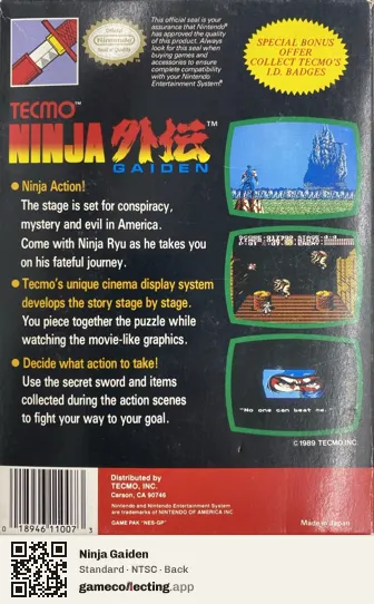 Ninja Gaiden Nintendo Entertainment System, NTSC box back