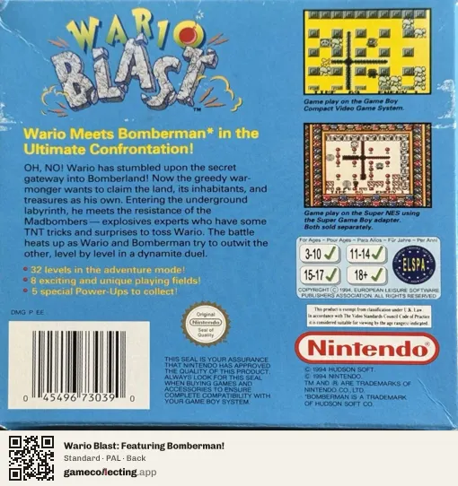 Wario Blast: Featuring Bomberman! Game Boy, PAL box back