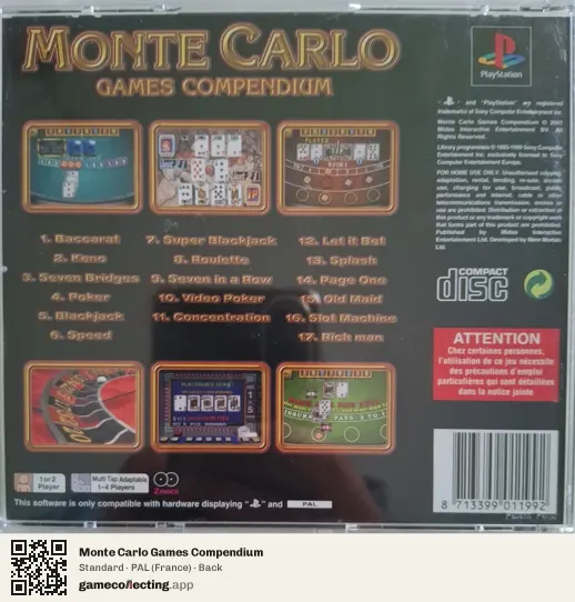 Monte Carlo Games Compendium PlayStation, France box back