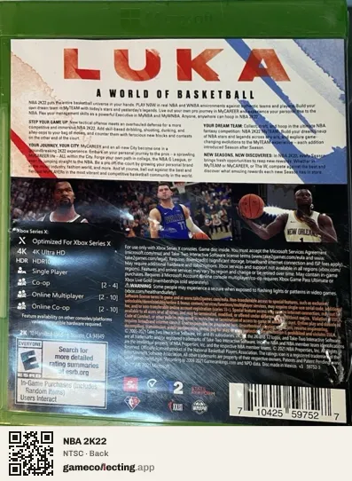 NBA 2K22 Xbox Series X, NTSC box back