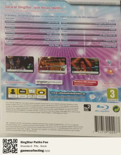 SingStar Patito Feo PlayStation 3, PAL box back